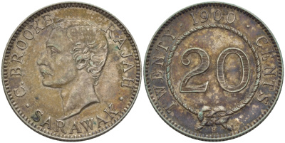 Саравак 20 центов 1900 Н, Чарльз Энтони Джонсон Брук, Королевство Саравак (1846 - 1946)  KM 10 серебро XF 00-811-41