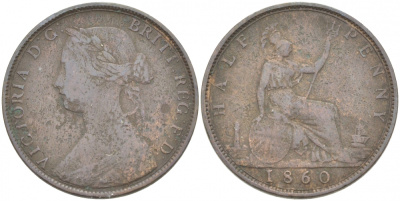 Великобритания 1/2 пенни 1860 Виктория (1837-1901), зубчатая кайма KM 748.2, Spink 3956 бронза 77-424