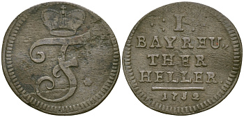 Бранденбург-Байрейт 1 геллер 1752 KM 205 медь 99-838
