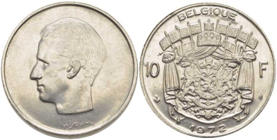 Бельгия 10 франков 1972 Belgique, Бодуэн I (1951-1993) KM 155.1 никель 115-715