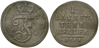 Бранденбург-Байрейт 1 геллер 1752 KM 205 медь 99-838