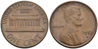 США 1 цент 1973 D, Линкольн КМ 201 медь цинк 4567-611