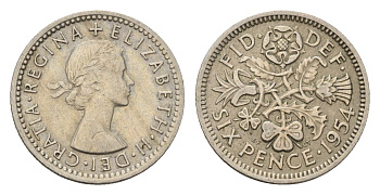 Великобритания 6 пенсов 1954 Елизавета II (1952-2022) KM 903, Spink 4149 медно-никель 100-354