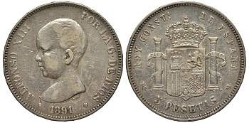 Испания 5 песет 1891 PG-M, Альфонсо XIII (1886-1931) KM 689 серебро 1525-241