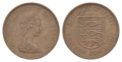 Джерси 2 новых пенса 1971 герб, Елизавета II (1952-2022) KM 31 бронза 4656-1121