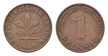ФРГ 1 пфенниг 1949 J KM A101, J. 376 сталь плакированная медью 4685-354