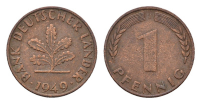 ФРГ 1 пфенниг 1949 J KM A101, J. 376 сталь плакированная медью 4685-354