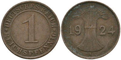 Германия 1 рейхспфенниг 1924 A KM 37, J. 313 бронза 4189-1045