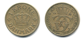 Дания 1 крона 1926 HCN; GJ, Кристиан X (1912-1947) KM 824.1 алюминиевая бронза 25-334