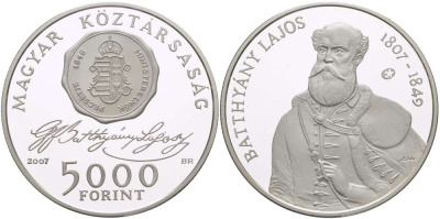 Венгрия 5000 форинтов 2007 200 лет со дня рождения Лайоша Баттьяни KM 799 серебро  PROOF  02-087-15