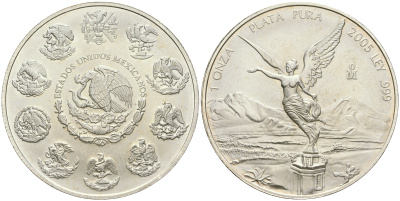 Мексика 1 онза 2005 Mo, серебряная инвестиционная монета "Свобода" KM 639 серебро    1080-10-24