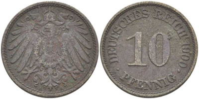 Германия 10 пфеннигов 1900 A KM 12, J. 13 медно-никель 175-214
