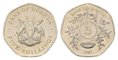 Уганда 5 шиллингов 1987 год-тип KM 29 сталь плакированная никелем UNC 4665-228