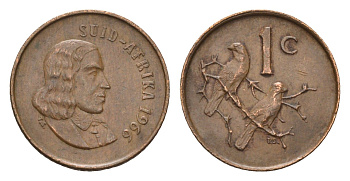 ЮАР 1 цент 1966 Ян ван Рибек (1619-1677), Suid Africa, легенда на африкаанс, капские воробьи KM 65.2 бронза 4687-111