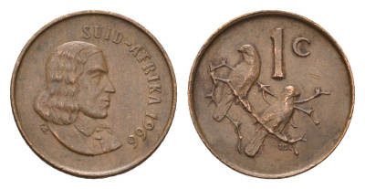 ЮАР 1 цент 1966 Ян ван Рибек (1619-1677), Suid Africa, легенда на африкаанс, капские воробьи KM 65.2 бронза 4687-111