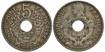 Французский Индокитай 5 центов 1930 KM 18 медно-никель 1528-714