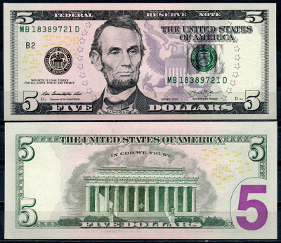 США 5 долларов 2013 Pick 539 бумага UNC (пресс) 7199-21-2