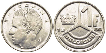 Бельгия 1 франк 1989 Belgique, Бодуэн I (1951-1993) KM 170 железо плакированное никелем 116-1038