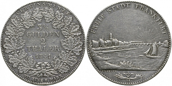 Франкфурт 2 талера = 3 1/2 гульдена 1841 городской вид KM 329, AKS 3, Jg. 15, Dav. 640, Thun 130 серебро 00-815-25