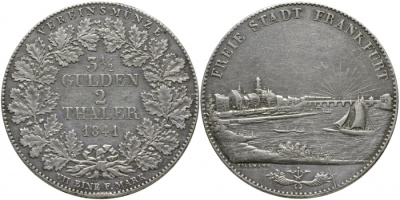 Франкфурт 2 талера = 3 1/2 гульдена 1841 городской вид KM 329, AKS 3, Jg. 15, Dav. 640, Thun 130 серебро 00-815-25