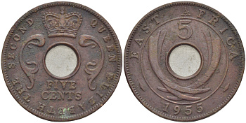 Британская Восточная Африка 5 центов 1955 Елизавета II (1952-) KM 37 бронза 94-726
