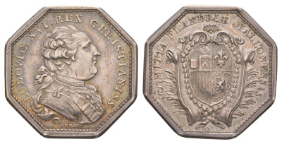 Франция банковский жетон "Валлонская Фландрия" около 1785 года Людовик XVI, диаметр 33 мм, вес 16,38 гр серебро 633-521