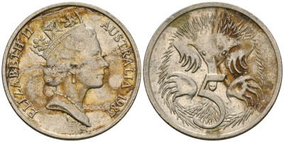 Австралия 5 центов 1987 Елизавета II (1952- ), ехидна KM 80 медно-никель 4608-827