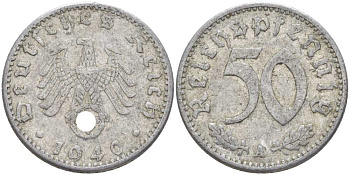 ГЕРМАНИЯ 50 РЕЙХСПФЕННИГОВ 1940 А KM 96, J. 372 алюминий 210-611