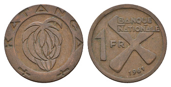 Катанга 1 франк 1961 Заир, балубский крест, связка бананов KM 1 бронза 36-431