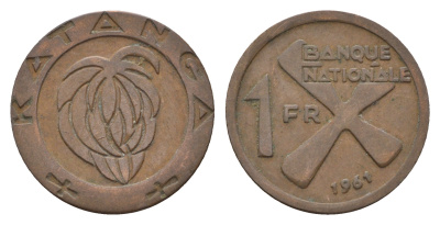 Катанга 1 франк 1961 Заир, балубский крест, связка бананов KM 1 бронза 36-431