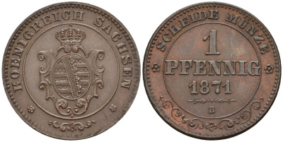 Саксония 1 пфенниг 1871 В, Johann (1854-1873) KM 1216 медь aUNC 4585-734