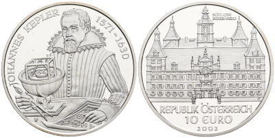 Австрия 10 евро 2002 замок Эггенберг, Иоганн Кеплер, в оригинальной коробке, сертификат KM 3099 серебро PROOF 3-4-11-20
