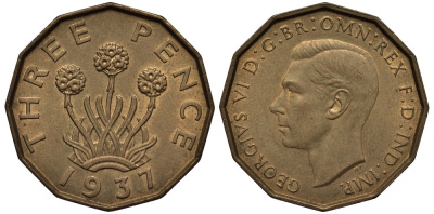 Великобритания 3 пенса 1937 Георг VI (1936-1952) KM 849, Spink 4112 никель латунь 4538-1112