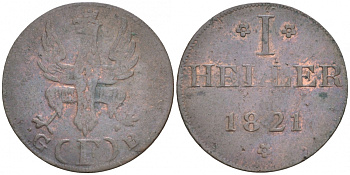 Франкфурт 1 геллер 1821 GB AKS 30, Jaeger 10, KM 301 медь 73-624