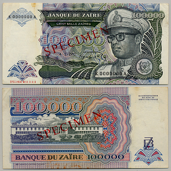 Заир 100000 заиров 1992 Мобуту Сесе Секо в военной форме, Национальное собрание. Образец, Specimen Pick 41s бумага 6279-25-3-1