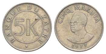 Заир 5 макут 1977 KM 12 медно-никель 4654-423