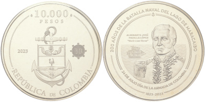 Колумбия 10000 песо 2023 200 лет битве на озере Маракайбо, сертификат KM NEW медно-никель  PROOF  M33-11