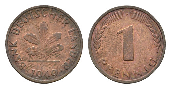 ФРГ 1 пфенниг 1949 F KM A101, J. 376 сталь плакированная медью 4685-344