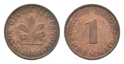 ФРГ 1 пфенниг 1949 F KM A101, J. 376 сталь плакированная медью 4685-344