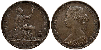 Великобритания 1/2 пенни 1862 Виктория (1837-1901) KM 748.2, Spink 3956 бронза  1518-132