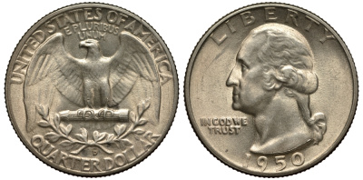 США 25 центов = квотер 1950 D, Вашингтон KM 164 серебро aUNC 4385-717
