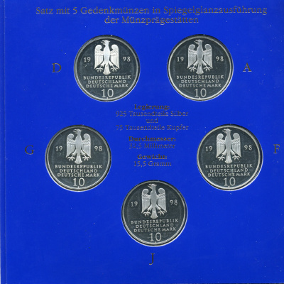 ФРГ набор из 5 штук по 10 марок 1998 A, D, F, G, J, 300 лет благотворительному фонду францисканцев KM 194 серебро PROOF 6-5-2-10
