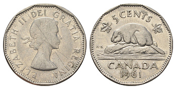 Канада 5 центов 1961 Елизавета II (1952-2022), бобр KM 50a никель 4689-334