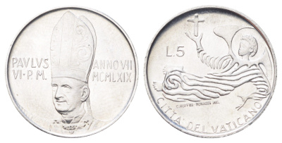 Ватикан 5 лир 1969 MCMLXIX, год-тип KM 110 алюминий UNC 4701-514