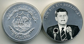 Либерия 5 долларов 2008 Джон Кеннеди, я - берлинец медно-никель UNC 1091-1-34