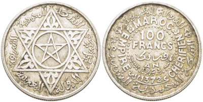 Марокко 100 франков 1953 АН1372, Мухаммед V (1927-1962), французский протекторат KM 52 серебро 4523-1225