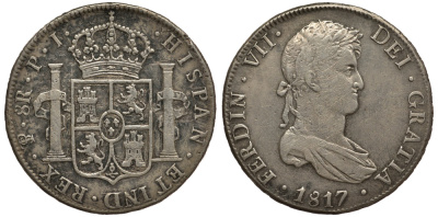 Боливия 8 реалов 1817 PJ, Фердинанд VII (1784-1833) KM 84 серебро 06-271-31