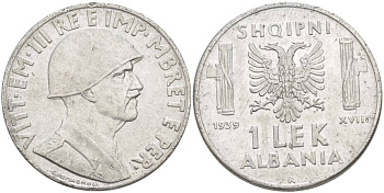 Албания 1 лек 1939 R, год XVIII, Итальянская оккупация, вторая мировая KM 31 нержавеющая сталь 4538-217