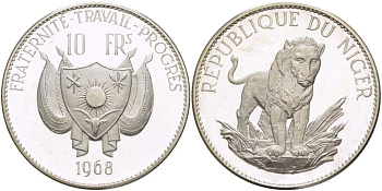 Нигер 10 франков 1968 лев, с чертой над Е, в слове Republique, тираж 1000 экземпляров KM 8.1 серебро PROOF 1080-8-11