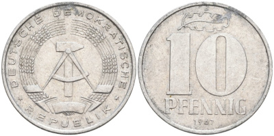 ГДР 10 пфеннигов 1967 А KM 10 алюминий 4571-652